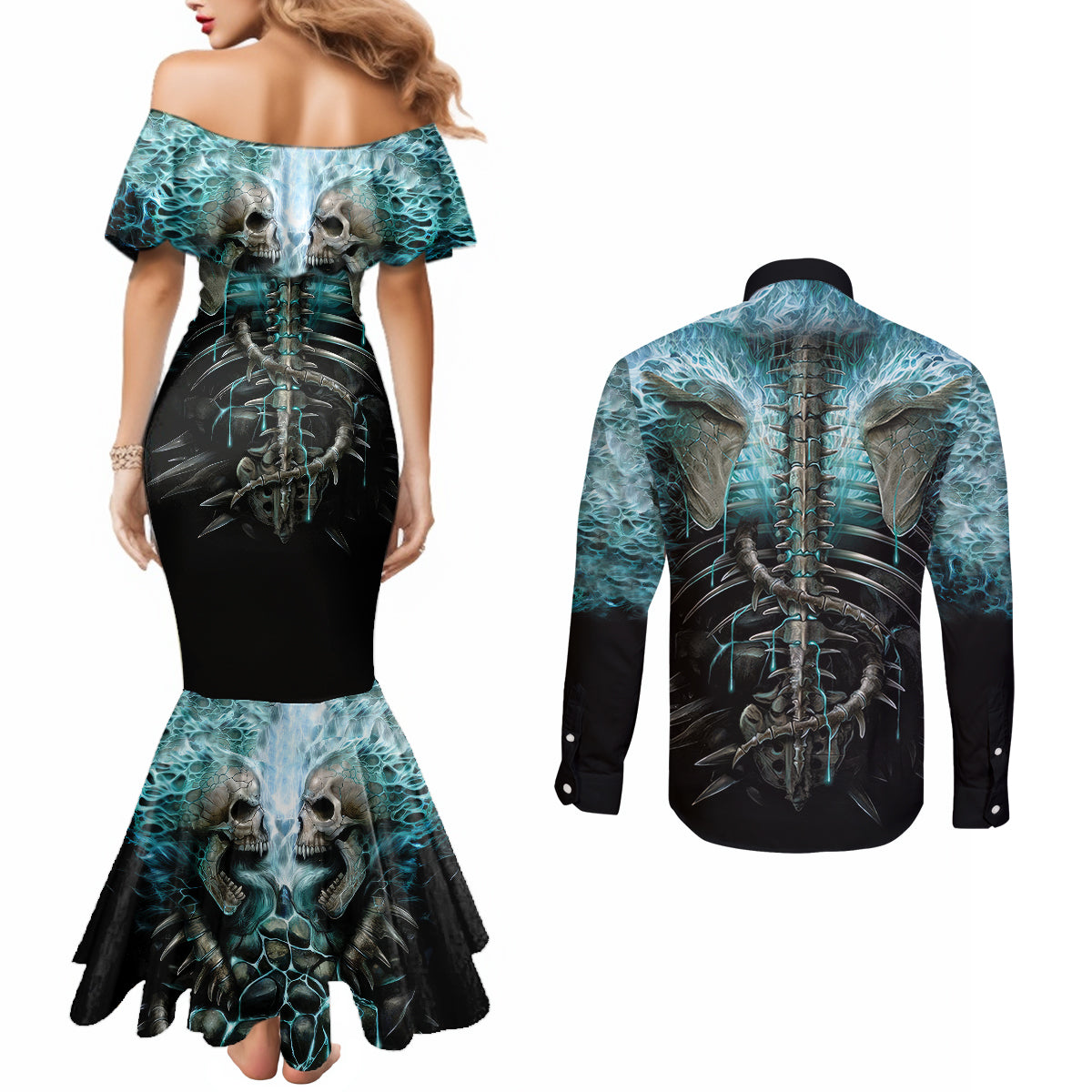 flame-twin-skull-couples-matching-mermaid-dress-and-long-sleeve-button-shirts-skeleton-inside