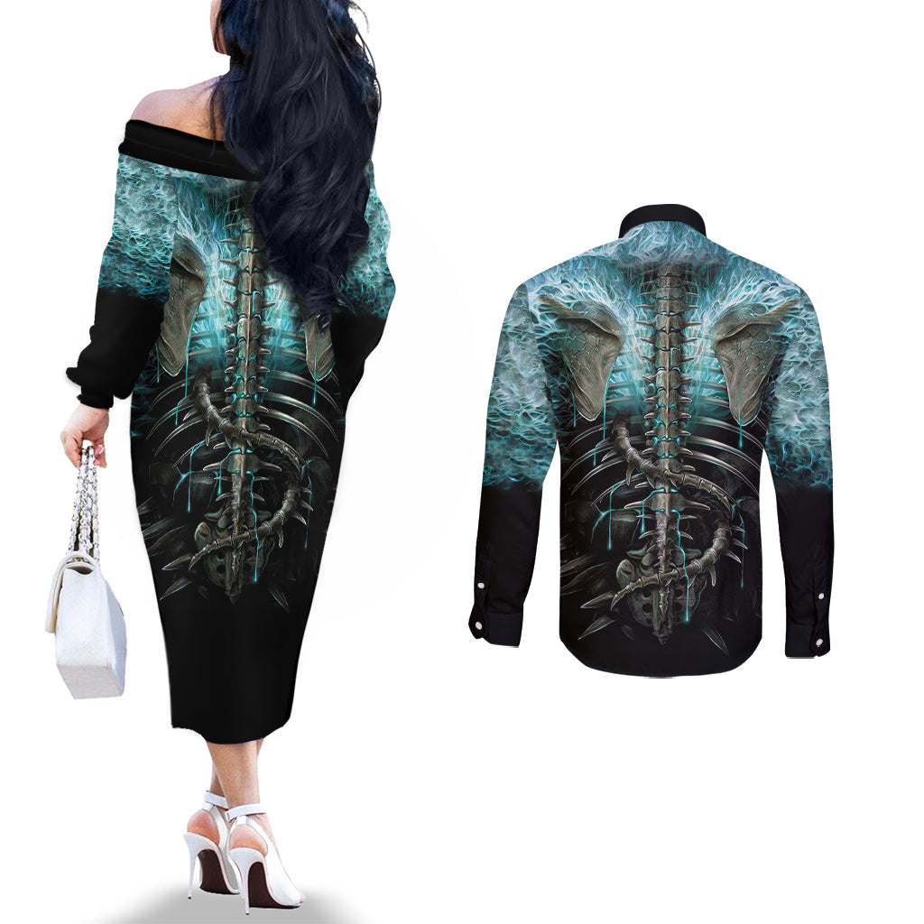 flame-twin-skull-couples-matching-off-the-shoulder-long-sleeve-dress-and-long-sleeve-button-shirts-skeleton-inside