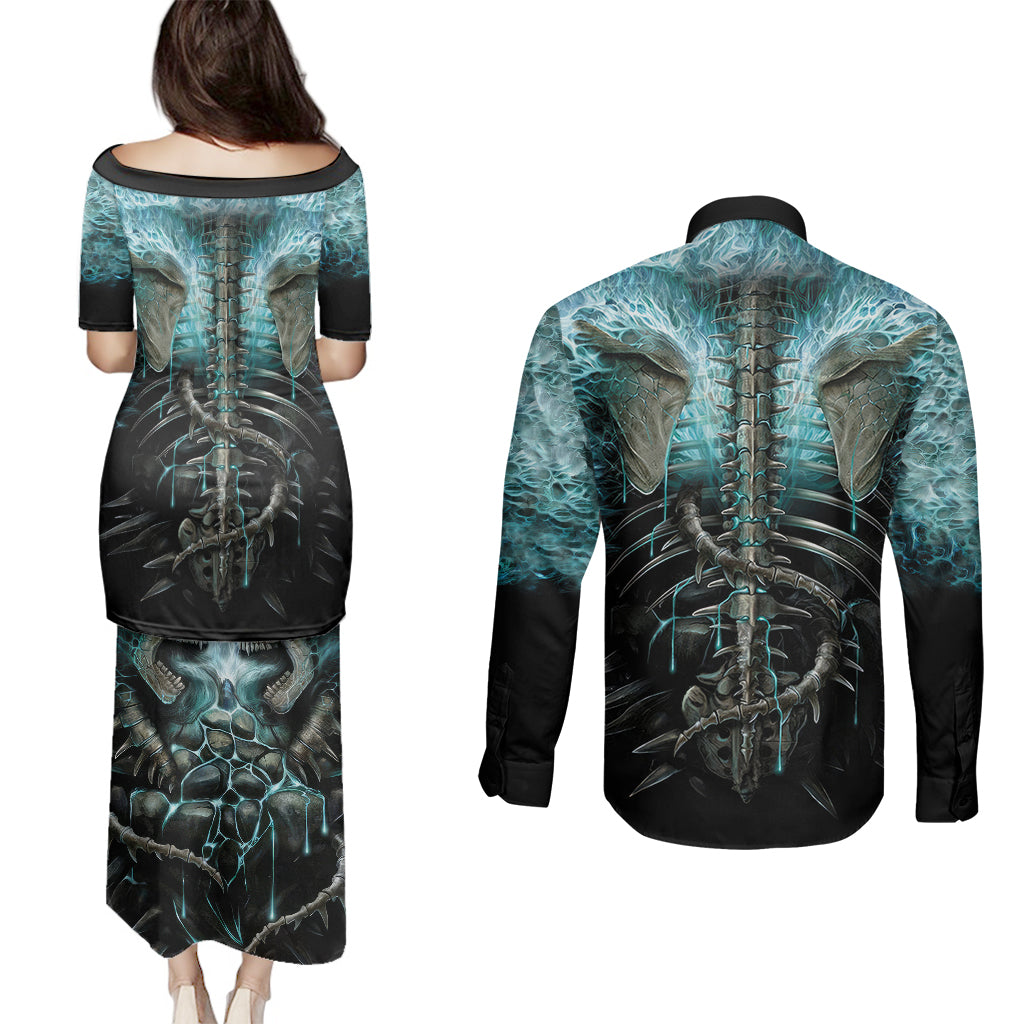 flame-twin-skull-couples-matching-puletasi-dress-and-long-sleeve-button-shirts-skeleton-inside