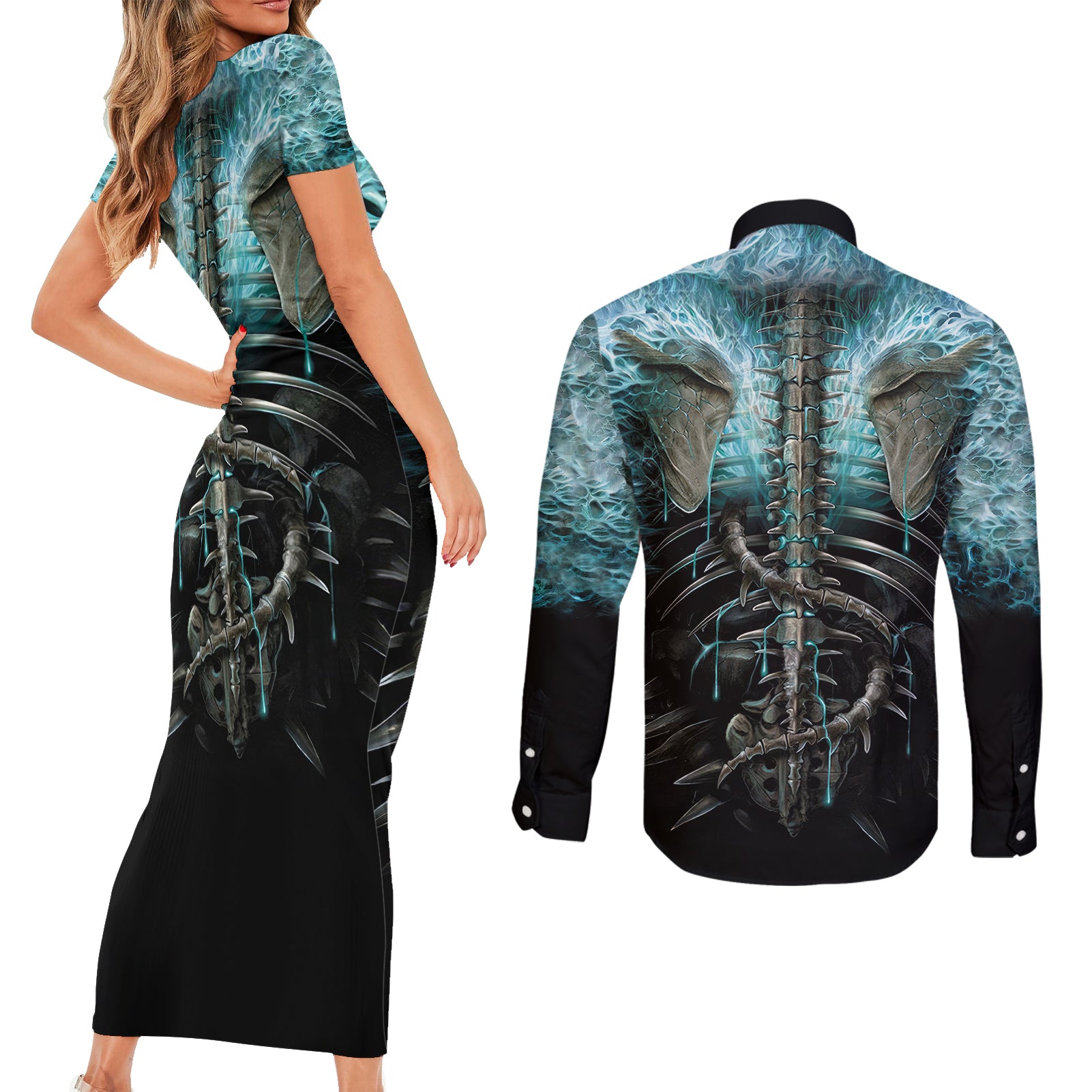 flame-twin-skull-couples-matching-short-sleeve-bodycon-dress-and-long-sleeve-button-shirts-skeleton-inside