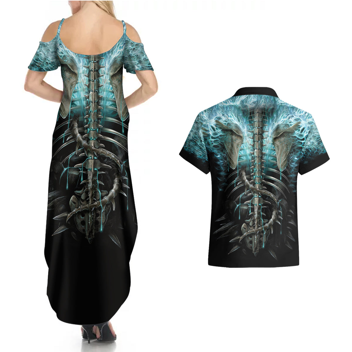 flame-twin-skull-couples-matching-summer-maxi-dress-and-hawaiian-shirt-skeleton-inside