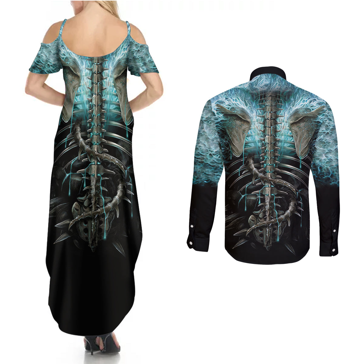 flame-twin-skull-couples-matching-summer-maxi-dress-and-long-sleeve-button-shirts-skeleton-inside