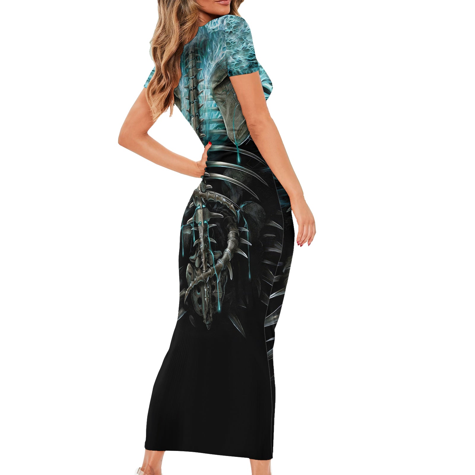 flame-twin-skull-short-sleeve-bodycon-dress-skeleton-inside
