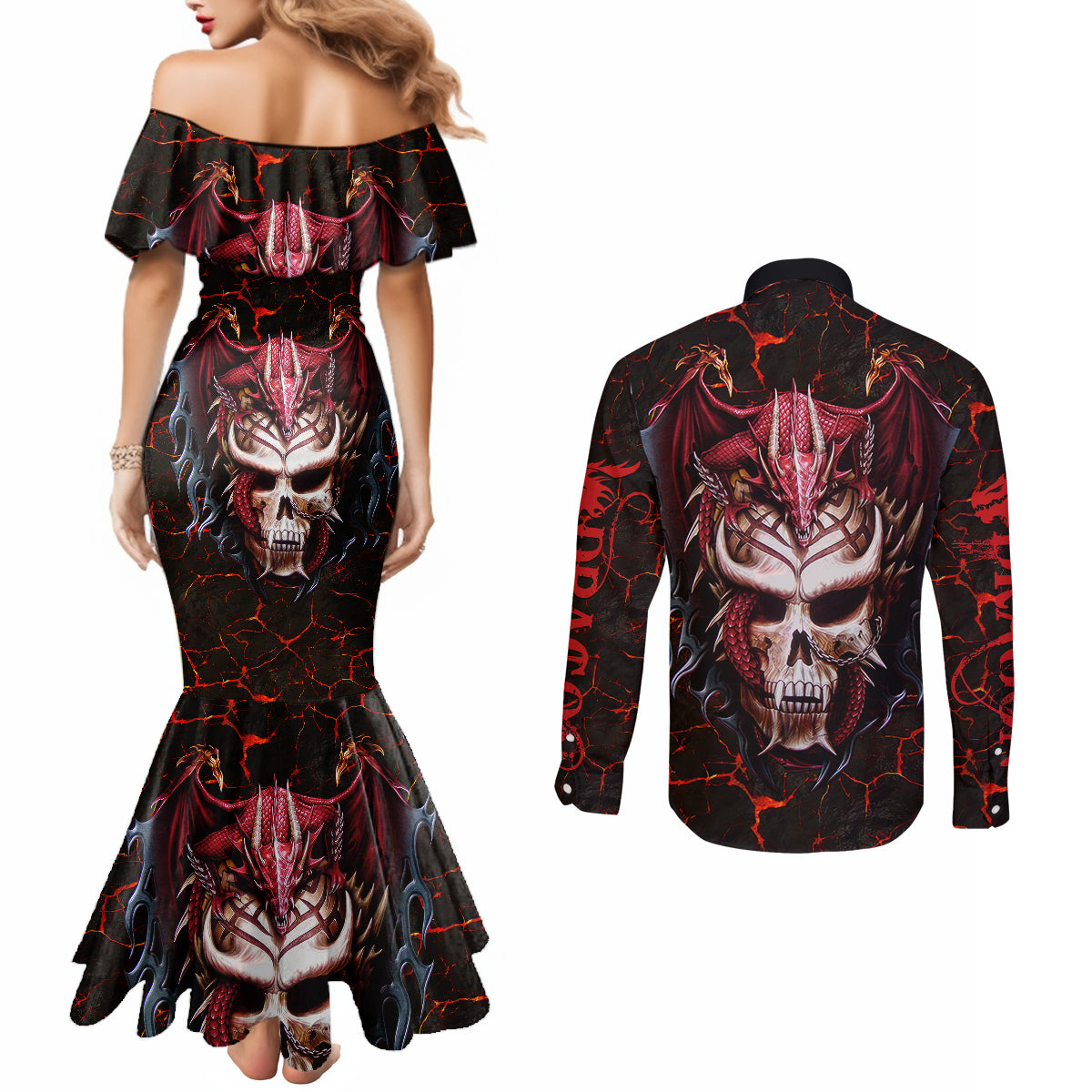 infernal-draconic-skull-couples-matching-mermaid-dress-and-long-sleeve-button-shirts-embracing-the-fiery-soul
