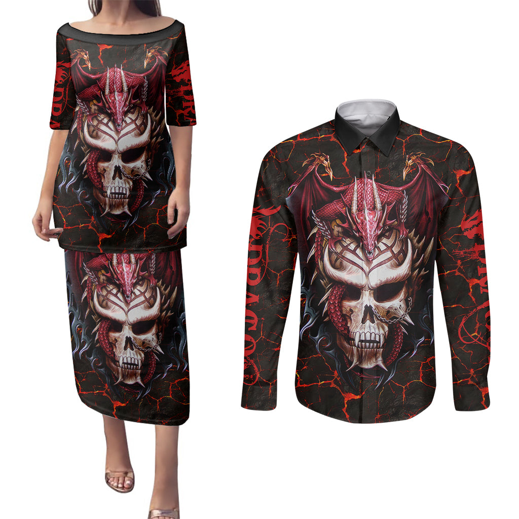 infernal-draconic-skull-couples-matching-puletasi-dress-and-long-sleeve-button-shirts-embracing-the-fiery-soul