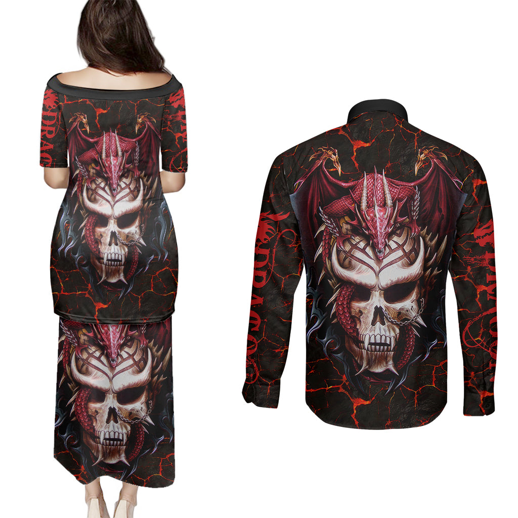 infernal-draconic-skull-couples-matching-puletasi-dress-and-long-sleeve-button-shirts-embracing-the-fiery-soul