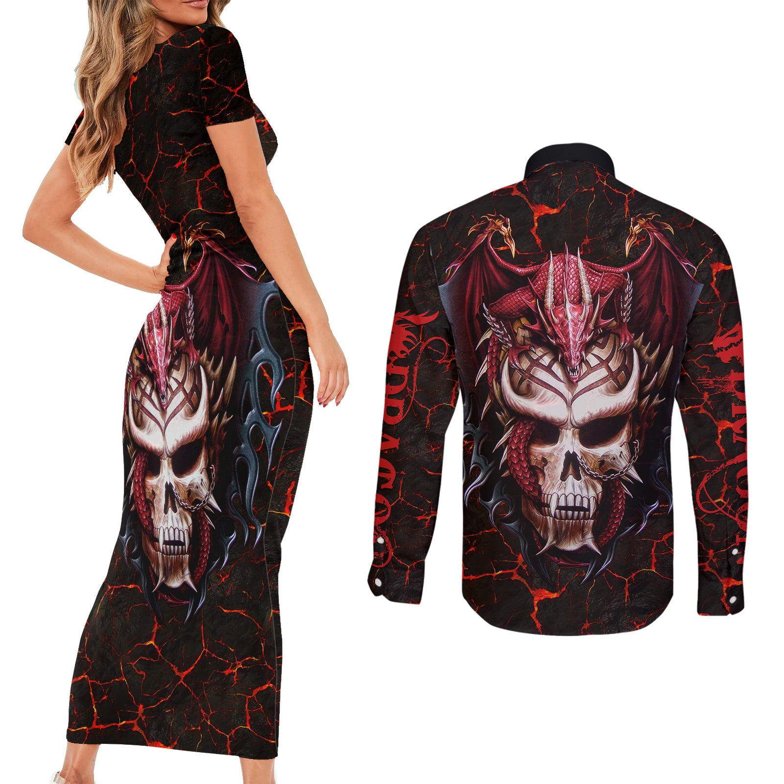 infernal-draconic-skull-couples-matching-short-sleeve-bodycon-dress-and-long-sleeve-button-shirts-embracing-the-fiery-soul