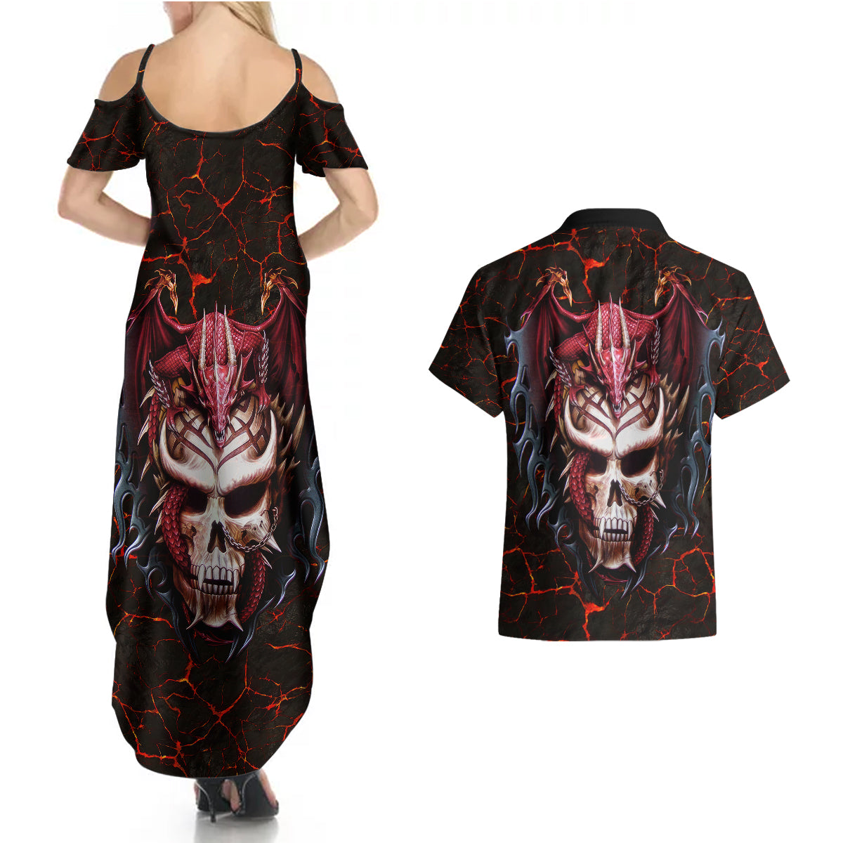 infernal-draconic-skull-couples-matching-summer-maxi-dress-and-hawaiian-shirt-embracing-the-fiery-soul