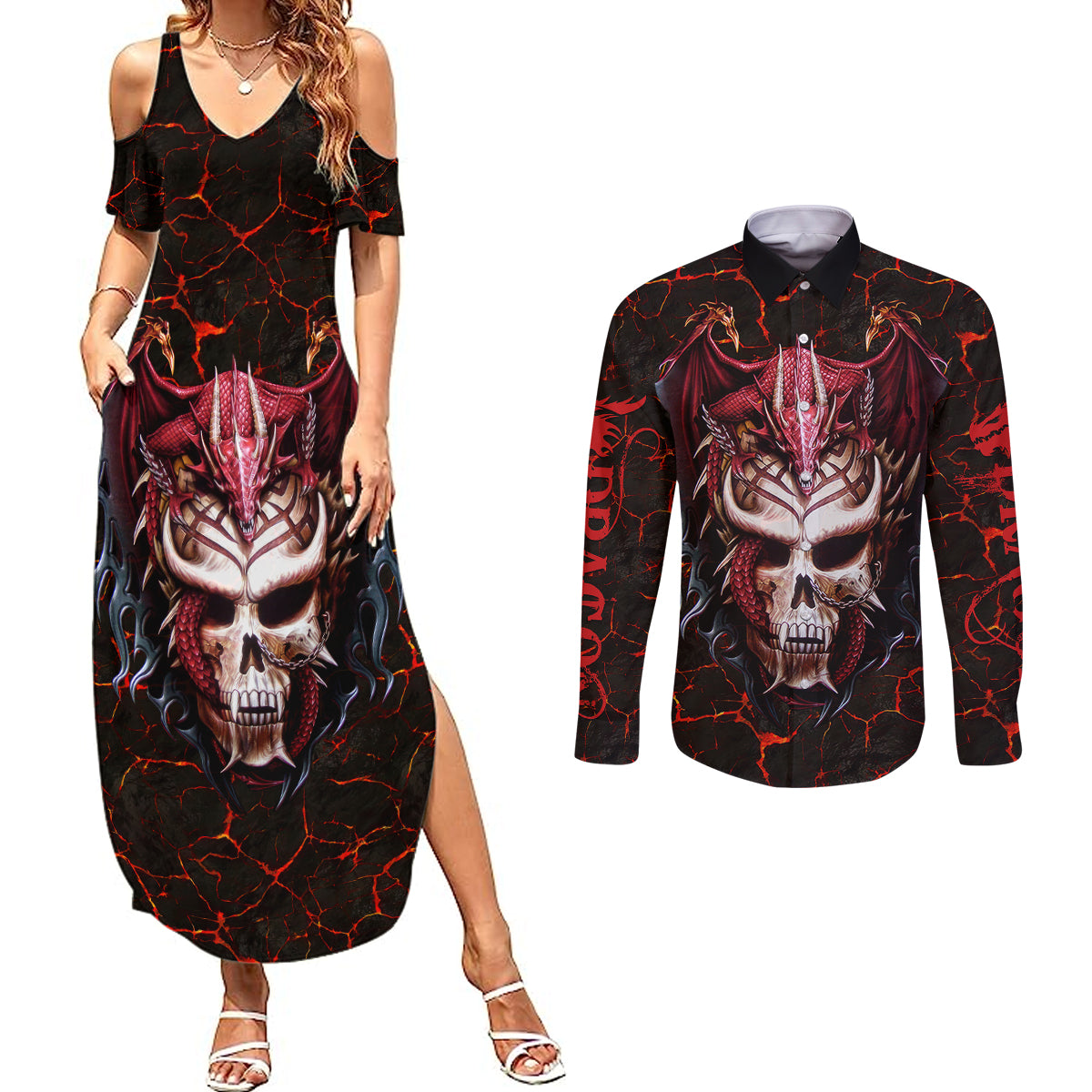 infernal-draconic-skull-couples-matching-summer-maxi-dress-and-long-sleeve-button-shirts-embracing-the-fiery-soul