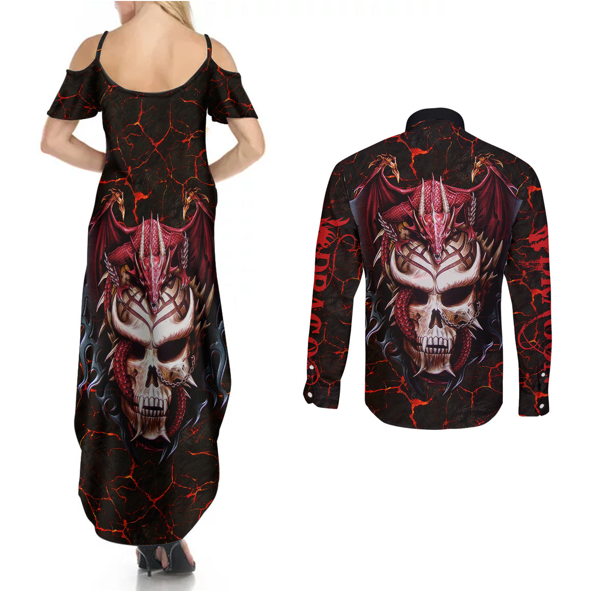 infernal-draconic-skull-couples-matching-summer-maxi-dress-and-long-sleeve-button-shirts-embracing-the-fiery-soul