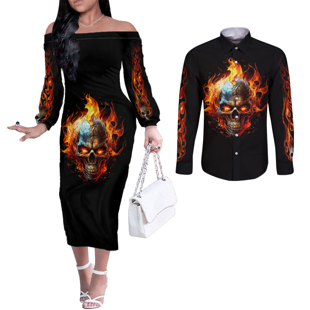 flaming-skull-couples-matching-off-the-shoulder-long-sleeve-dress-and-long-sleeve-button-shirts-celestial-riders-with-angel-wings
