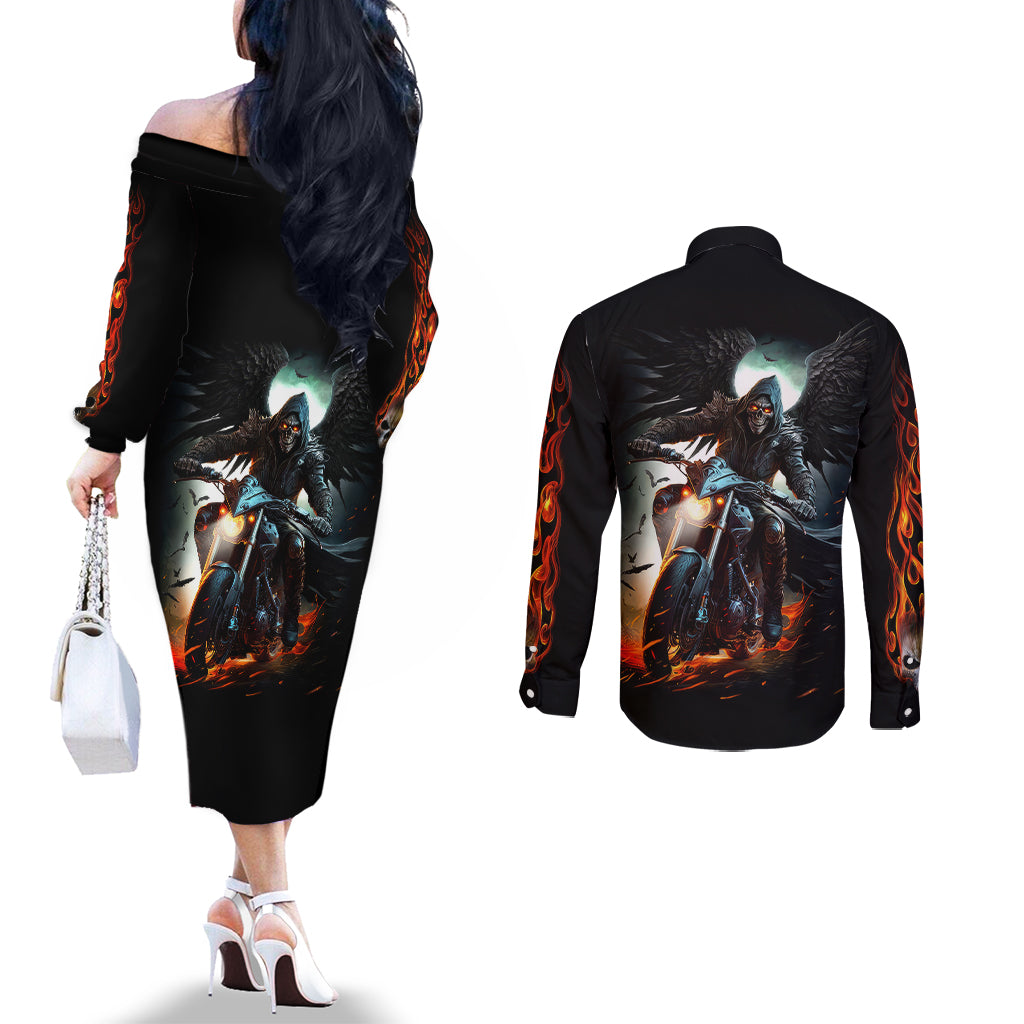 flaming-skull-couples-matching-off-the-shoulder-long-sleeve-dress-and-long-sleeve-button-shirts-celestial-riders-with-angel-wings