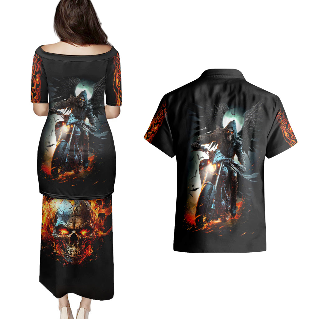 flaming-skull-couples-matching-puletasi-dress-and-hawaiian-shirt-celestial-riders-with-angel-wings