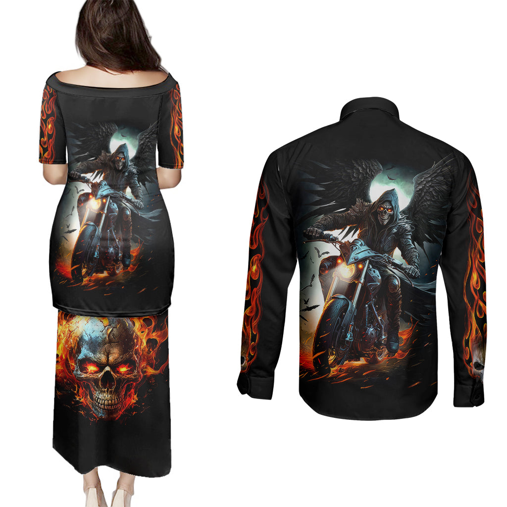 flaming-skull-couples-matching-puletasi-dress-and-long-sleeve-button-shirts-celestial-riders-with-angel-wings