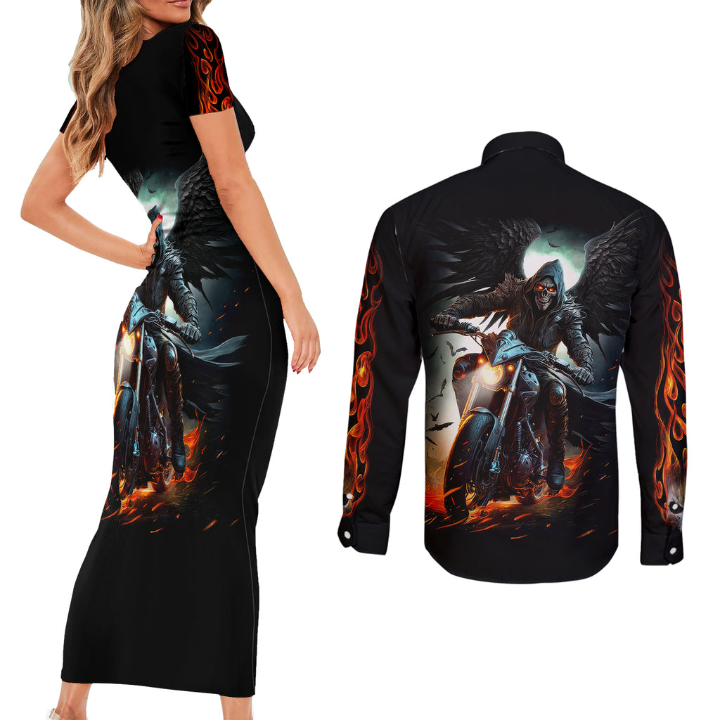 flaming-skull-couples-matching-short-sleeve-bodycon-dress-and-long-sleeve-button-shirts-celestial-riders-with-angel-wings