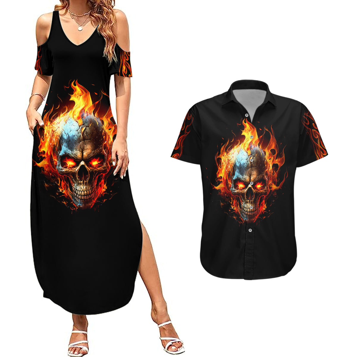 flaming-skull-couples-matching-summer-maxi-dress-and-hawaiian-shirt-celestial-riders-with-angel-wings