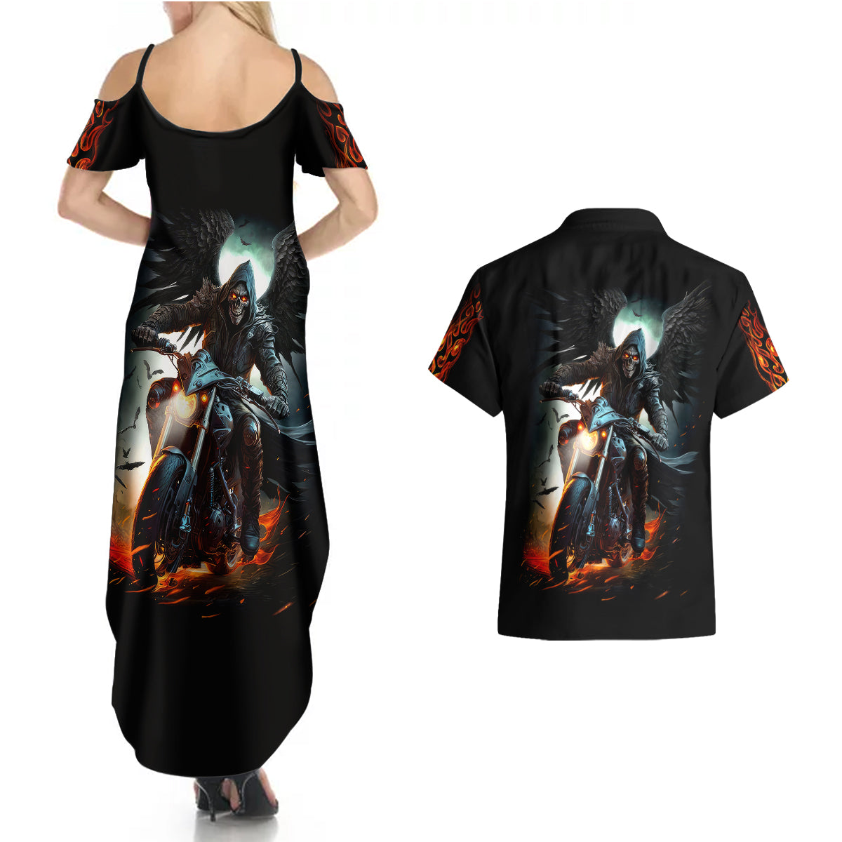 flaming-skull-couples-matching-summer-maxi-dress-and-hawaiian-shirt-celestial-riders-with-angel-wings