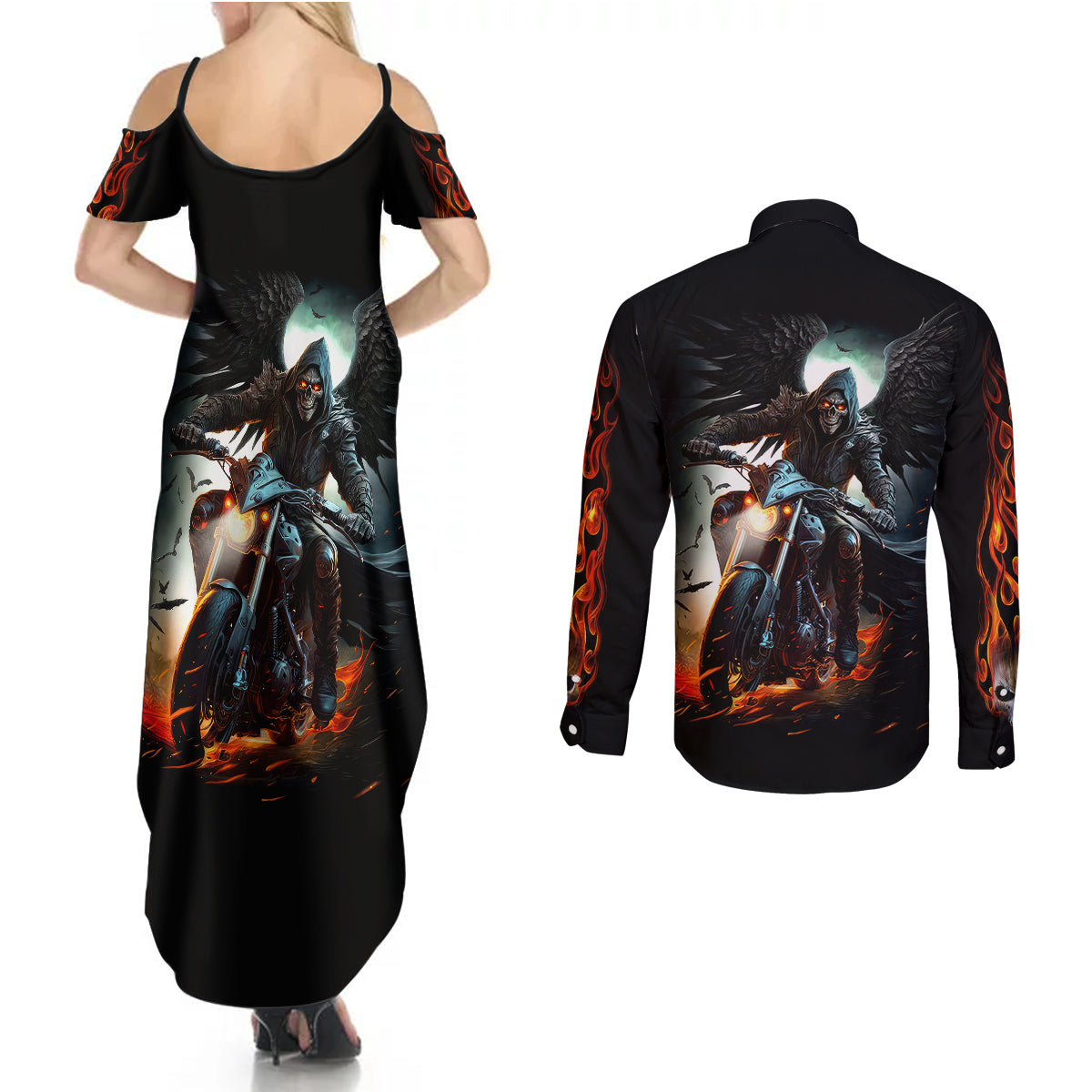 flaming-skull-couples-matching-summer-maxi-dress-and-long-sleeve-button-shirts-celestial-riders-with-angel-wings