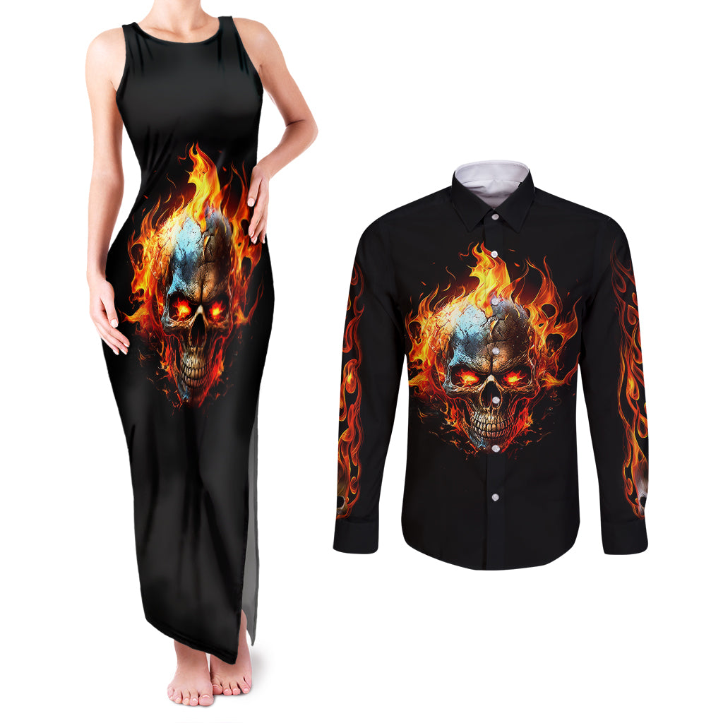 flaming-skull-couples-matching-tank-maxi-dress-and-long-sleeve-button-shirts-celestial-riders-with-angel-wings