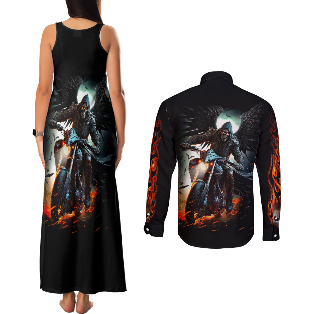 flaming-skull-couples-matching-tank-maxi-dress-and-long-sleeve-button-shirts-celestial-riders-with-angel-wings