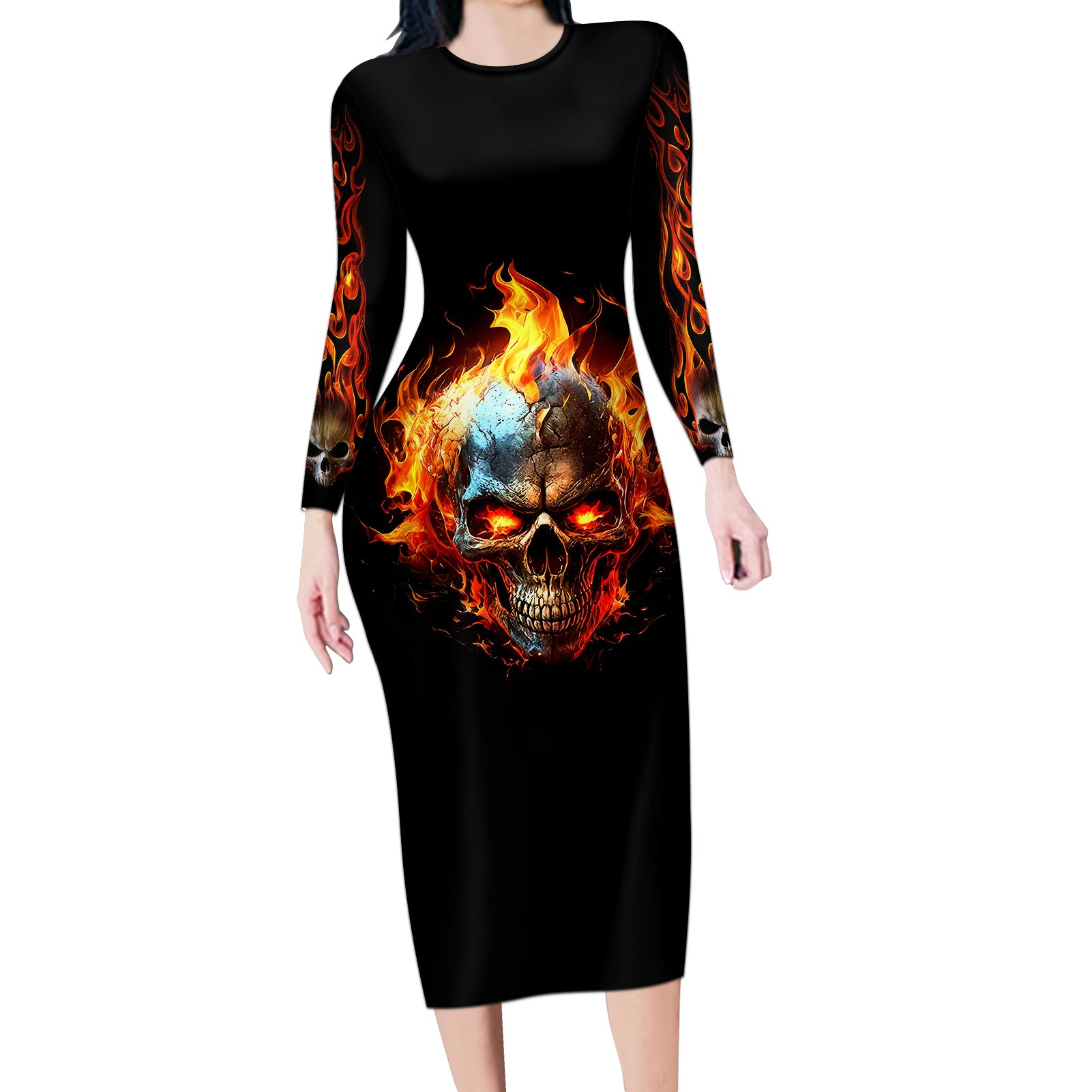 flaming-skull-long-sleeve-bodycon-dress-celestial-riders-with-angel-wings