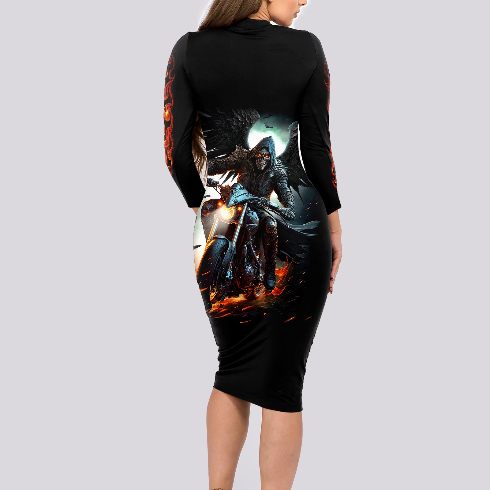 flaming-skull-long-sleeve-bodycon-dress-celestial-riders-with-angel-wings