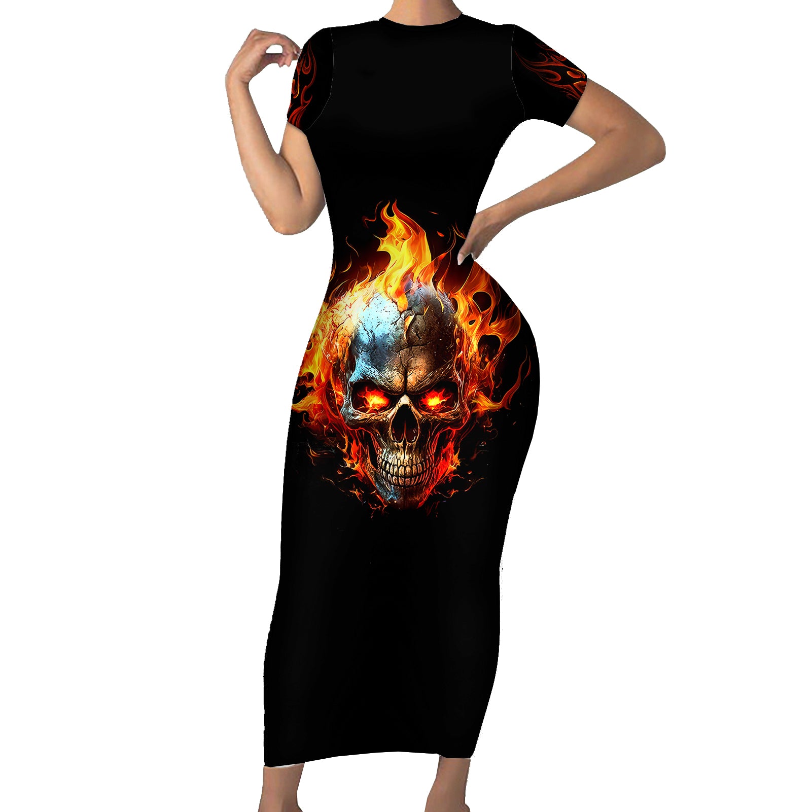 flaming-skull-short-sleeve-bodycon-dress-celestial-riders-with-angel-wings