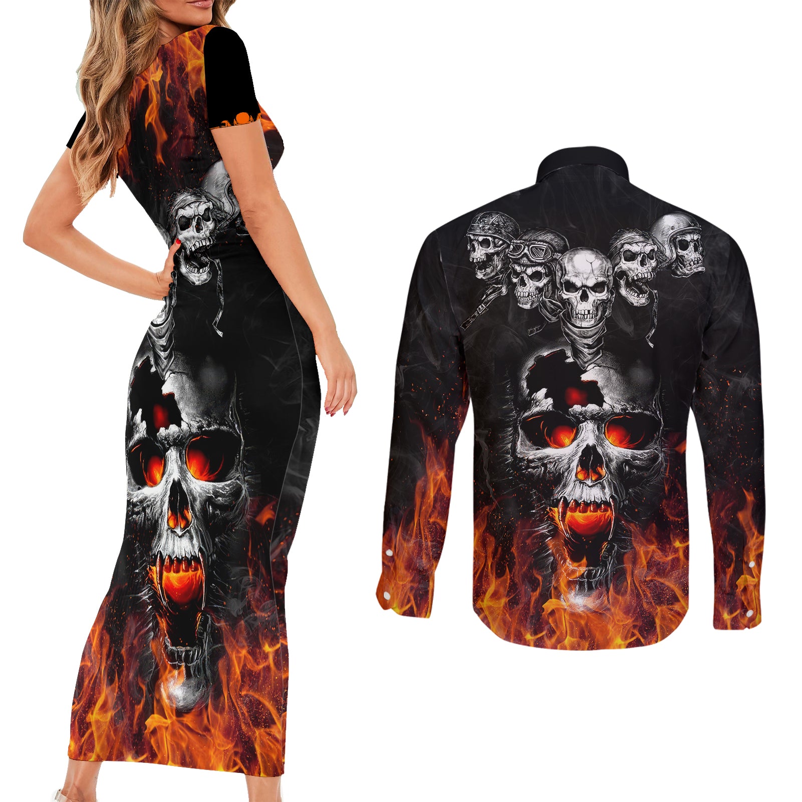 flaming-skull-hoodie-couples-matching-short-sleeve-bodycon-dress-and-long-sleeve-button-shirts-spectral-pyre