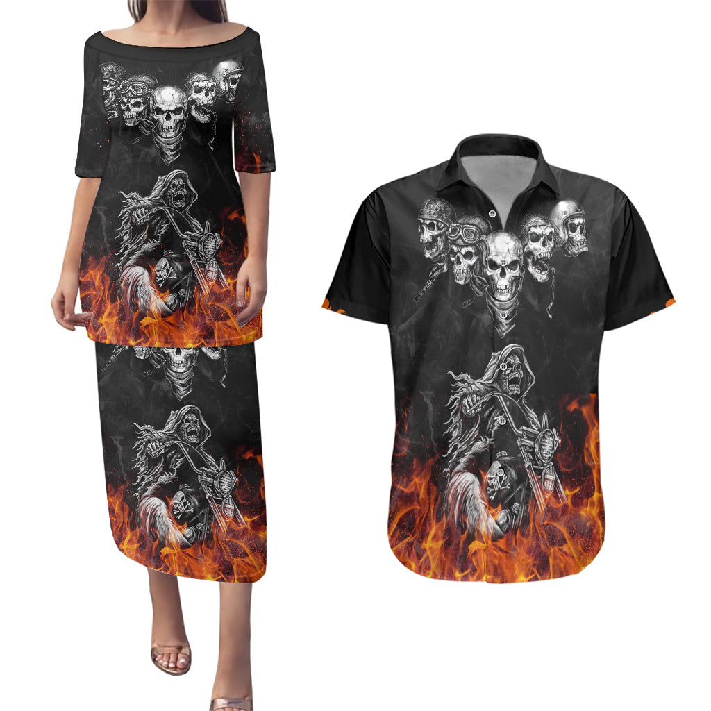 skull-couples-matching-puletasi-dress-and-hawaiian-shirt-five-skull-with-motocycle