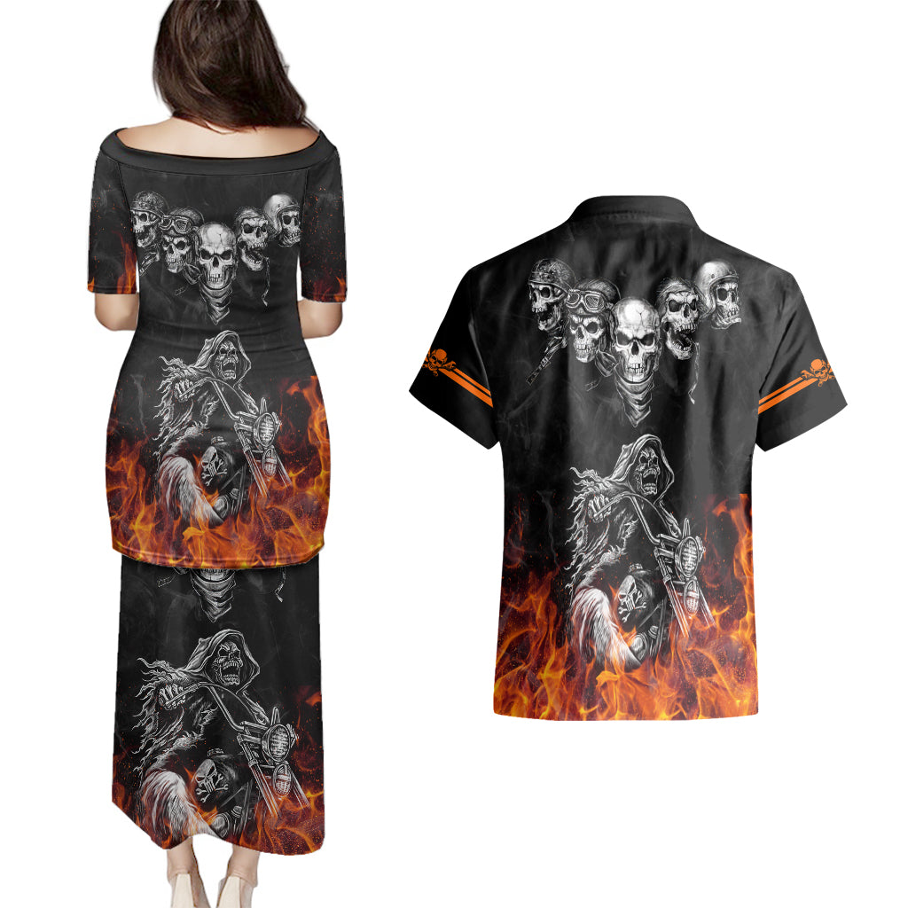 skull-couples-matching-puletasi-dress-and-hawaiian-shirt-five-skull-with-motocycle