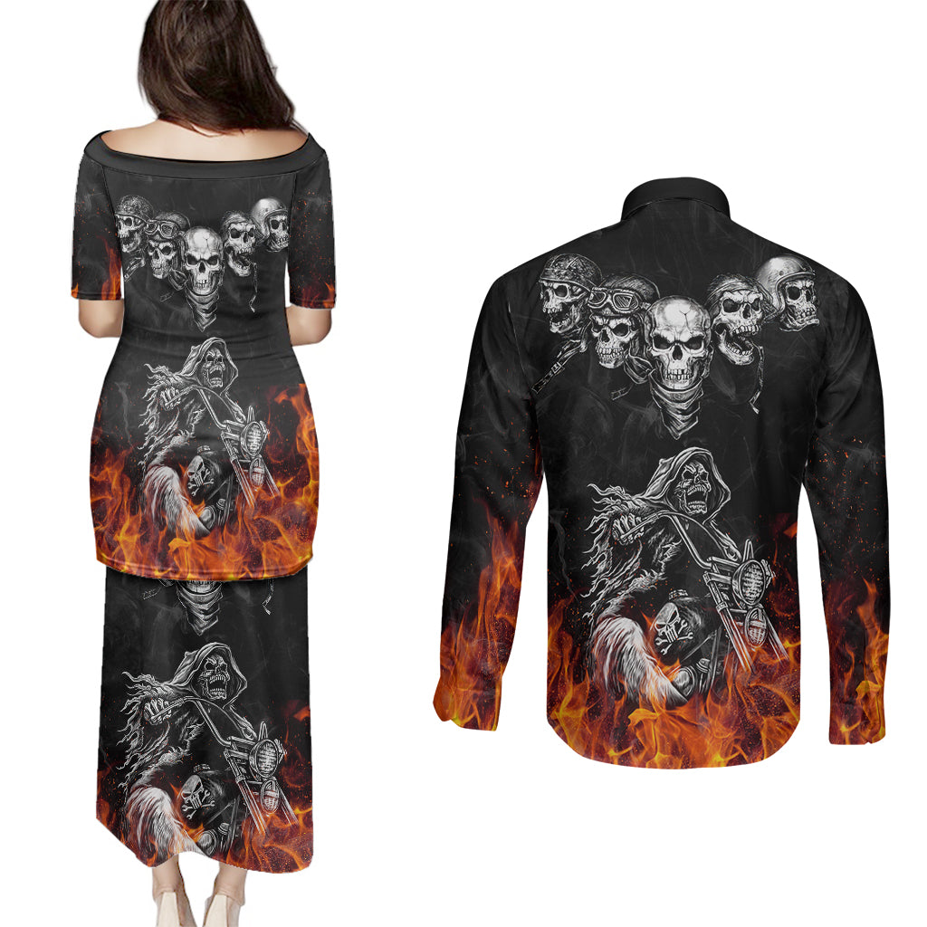 skull-couples-matching-puletasi-dress-and-long-sleeve-button-shirts-five-skull-with-motocycle