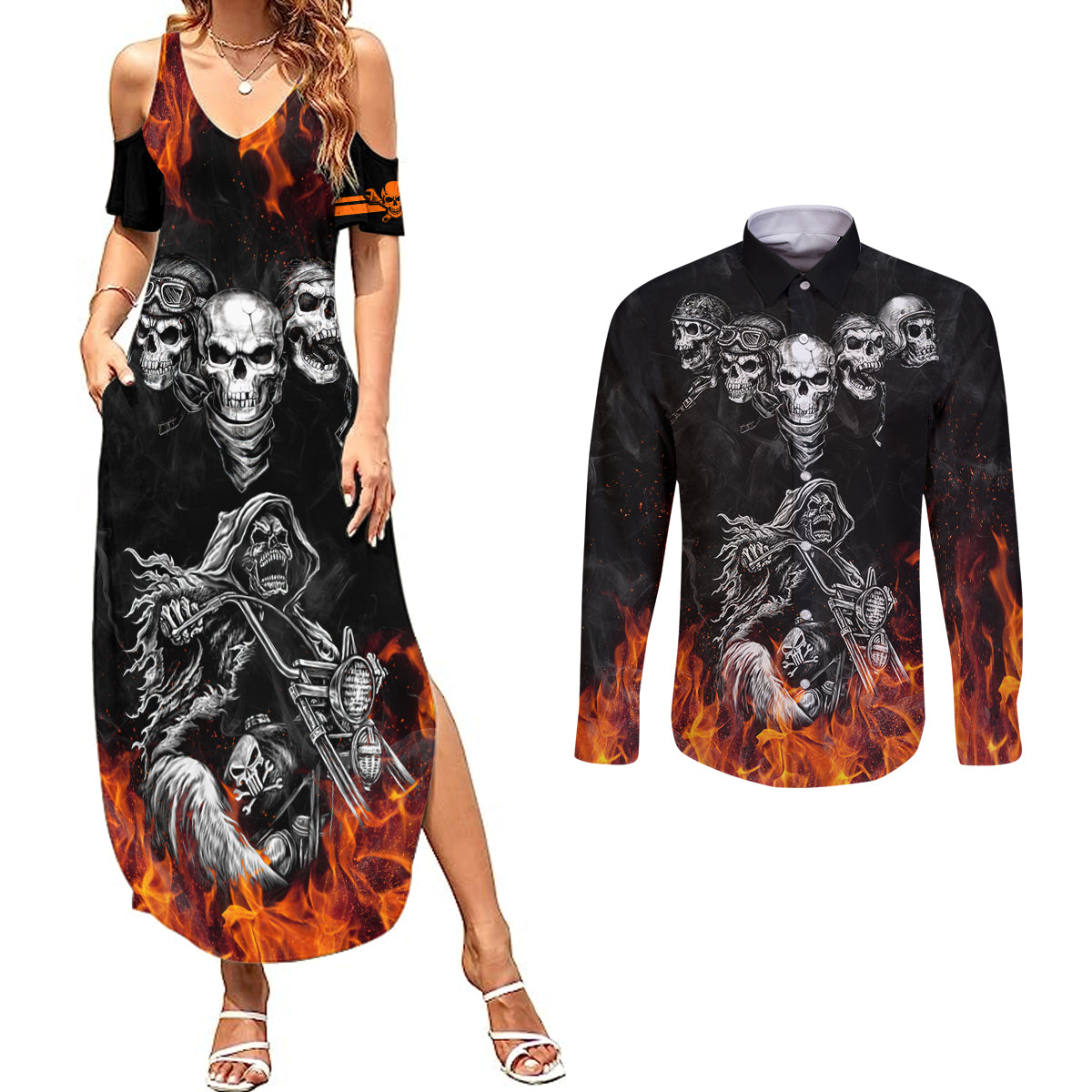 skull-couples-matching-summer-maxi-dress-and-long-sleeve-button-shirts-five-skull-with-motocycle