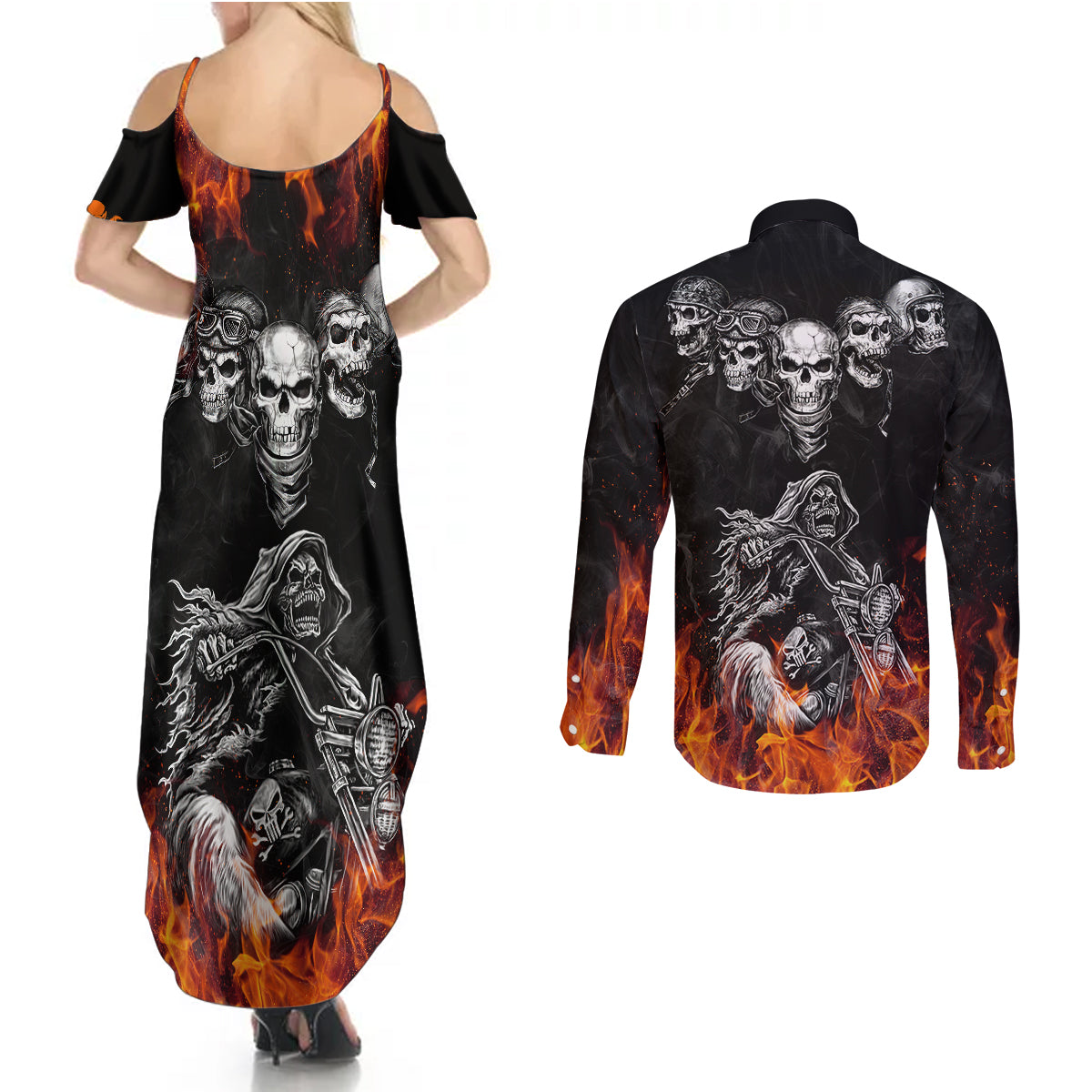 skull-couples-matching-summer-maxi-dress-and-long-sleeve-button-shirts-five-skull-with-motocycle
