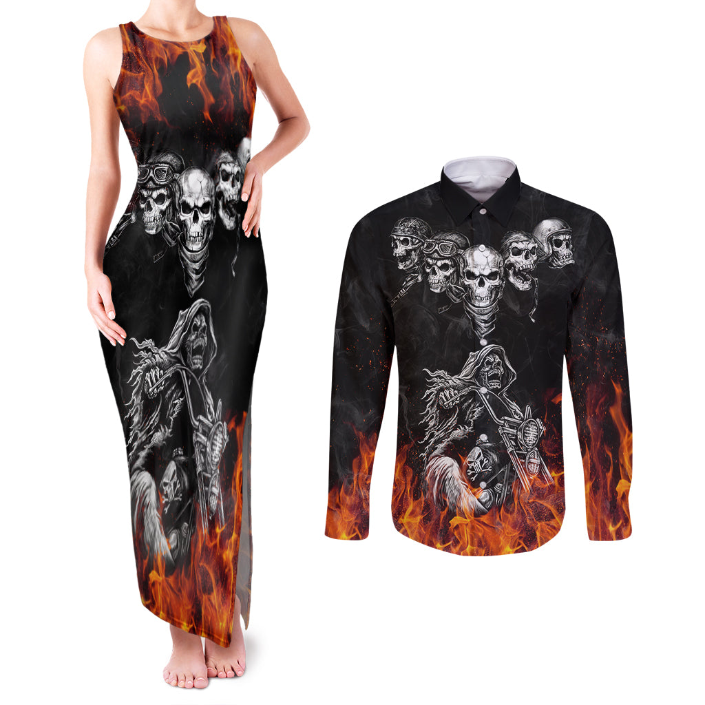skull-couples-matching-tank-maxi-dress-and-long-sleeve-button-shirts-five-skull-with-motocycle