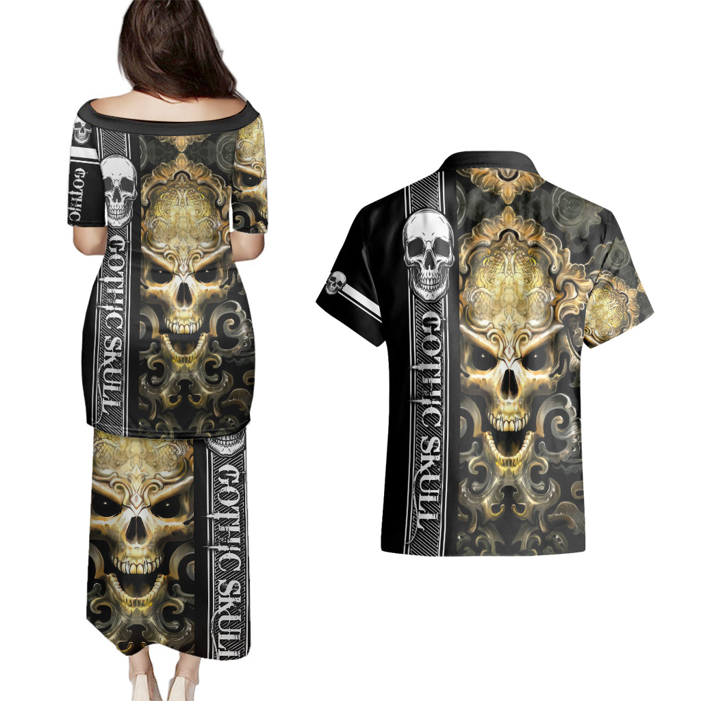 golden-gothic-skull-couples-matching-puletasi-dress-and-hawaiian-shirt-embracing-ancient-elegance