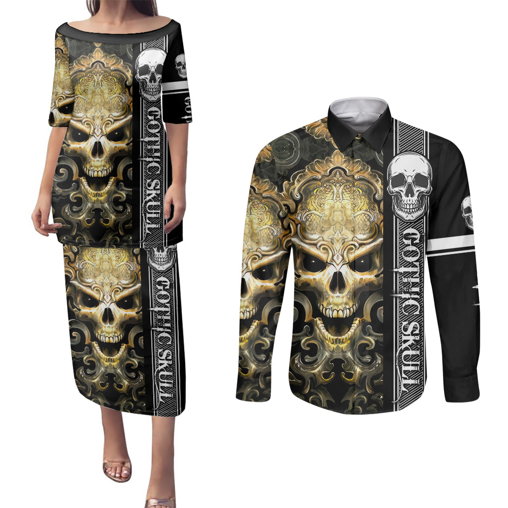 golden-gothic-skull-couples-matching-puletasi-dress-and-long-sleeve-button-shirts-embracing-ancient-elegance