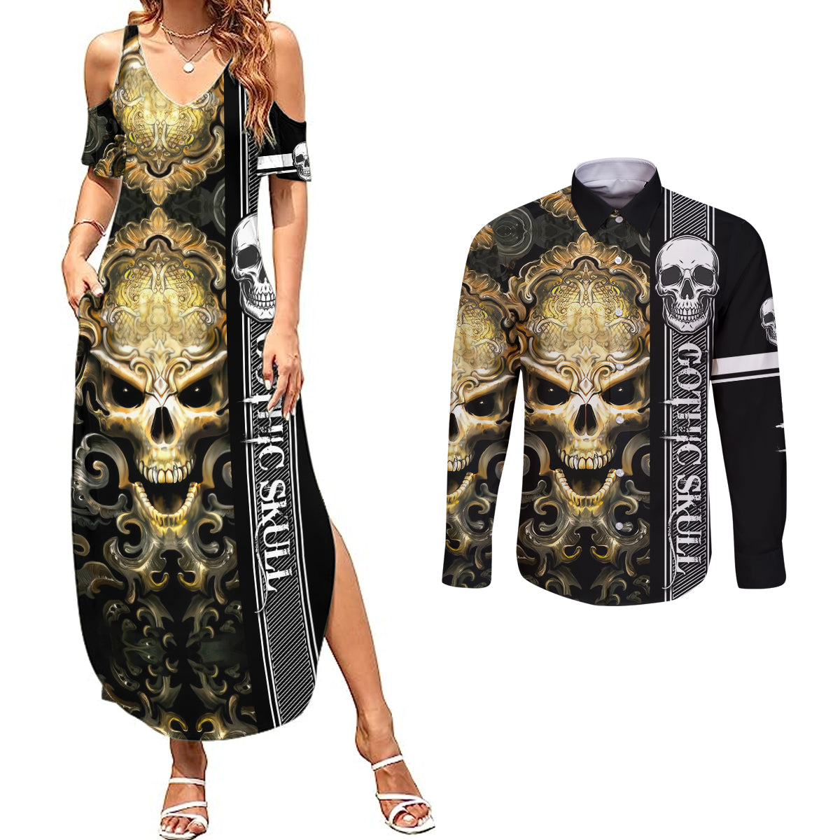 golden-gothic-skull-couples-matching-summer-maxi-dress-and-long-sleeve-button-shirts-embracing-ancient-elegance