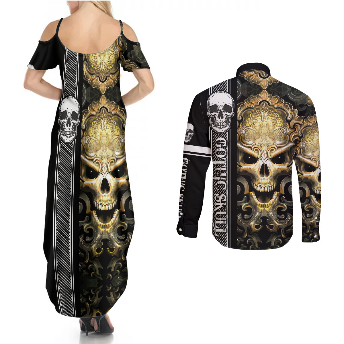 golden-gothic-skull-couples-matching-summer-maxi-dress-and-long-sleeve-button-shirts-embracing-ancient-elegance