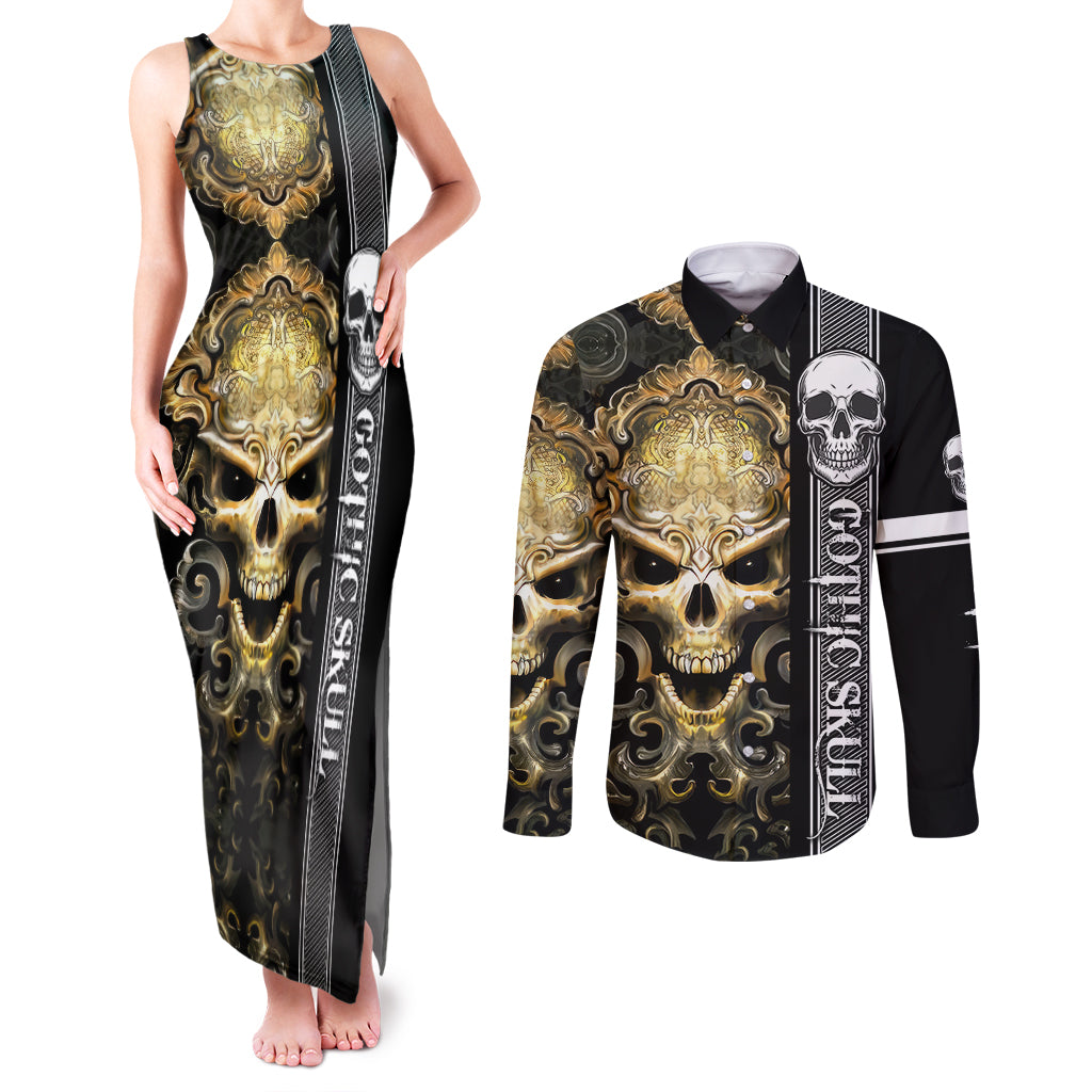golden-gothic-skull-couples-matching-tank-maxi-dress-and-long-sleeve-button-shirts-embracing-ancient-elegance