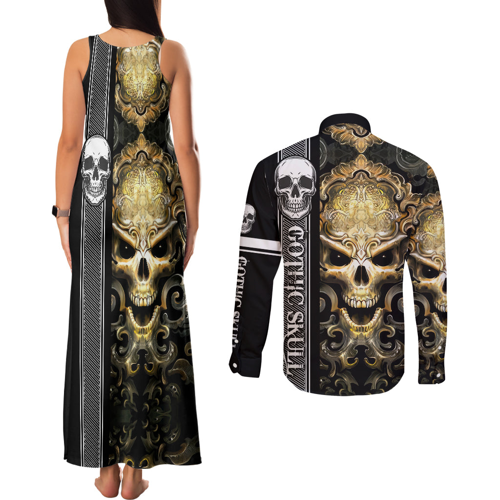 golden-gothic-skull-couples-matching-tank-maxi-dress-and-long-sleeve-button-shirts-embracing-ancient-elegance