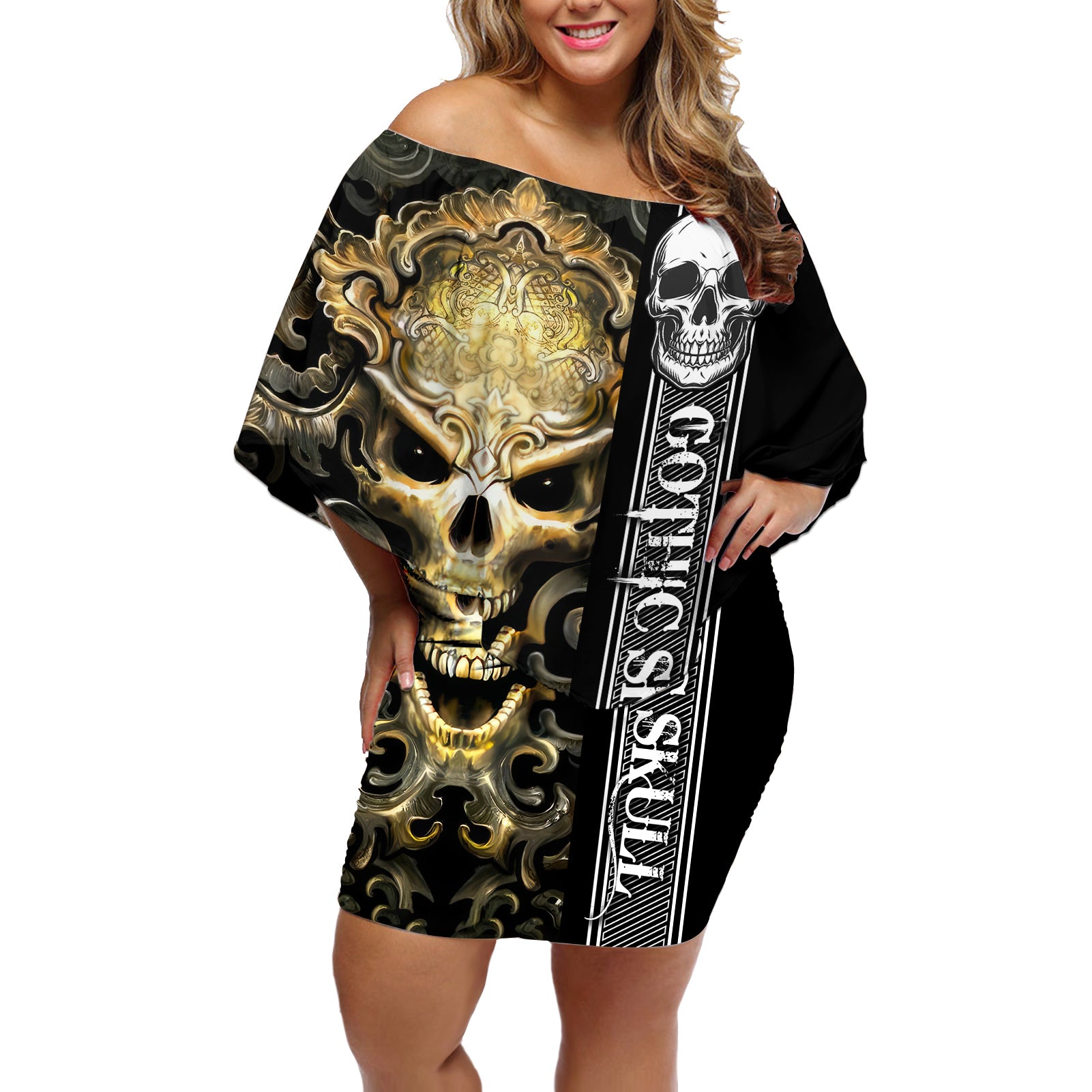 golden-gothic-skull-off-shoulder-short-dress-embracing-ancient-elegance