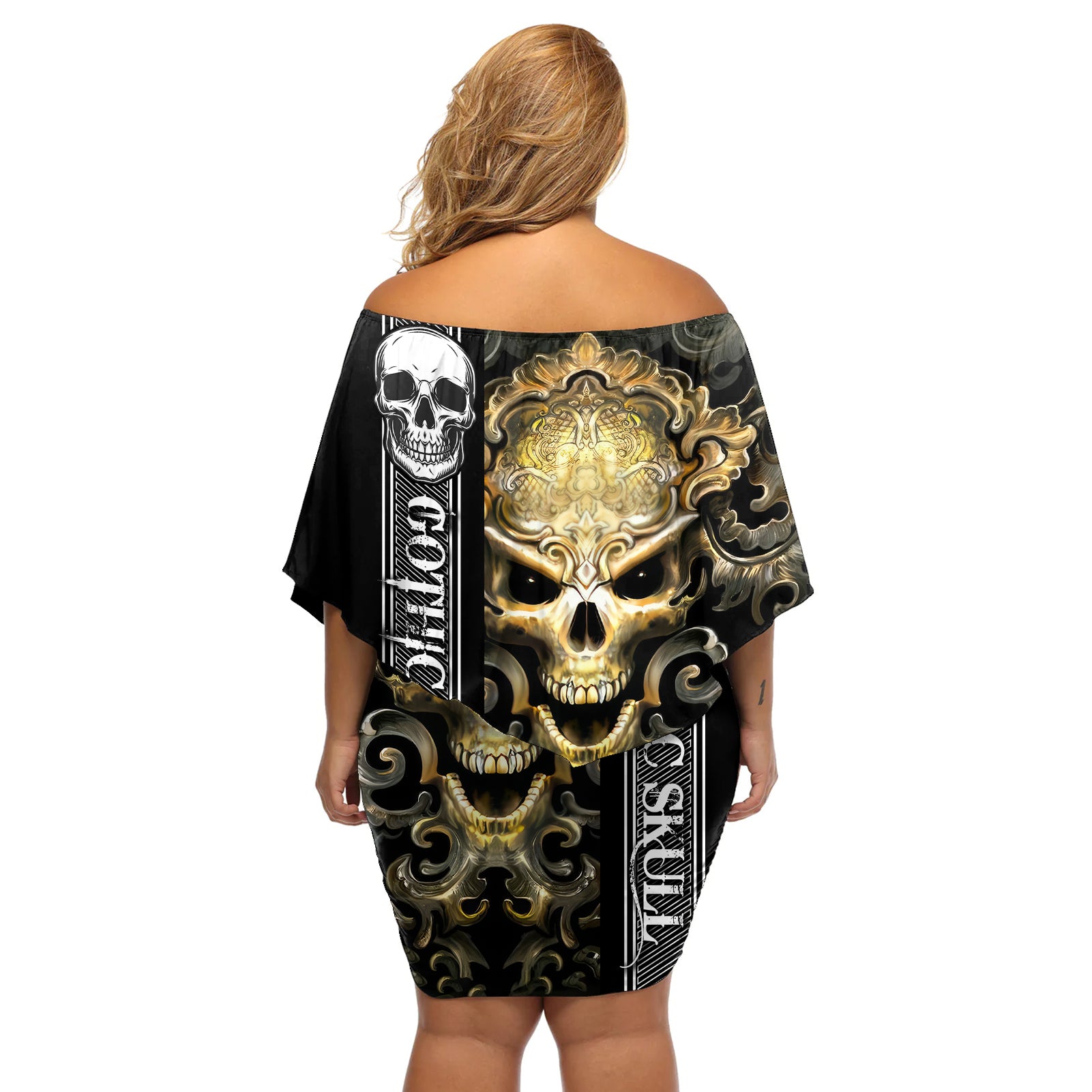 golden-gothic-skull-off-shoulder-short-dress-embracing-ancient-elegance