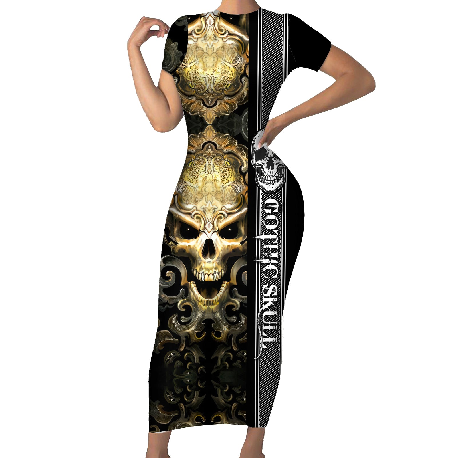 golden-gothic-skull-short-sleeve-bodycon-dress-embracing-ancient-elegance