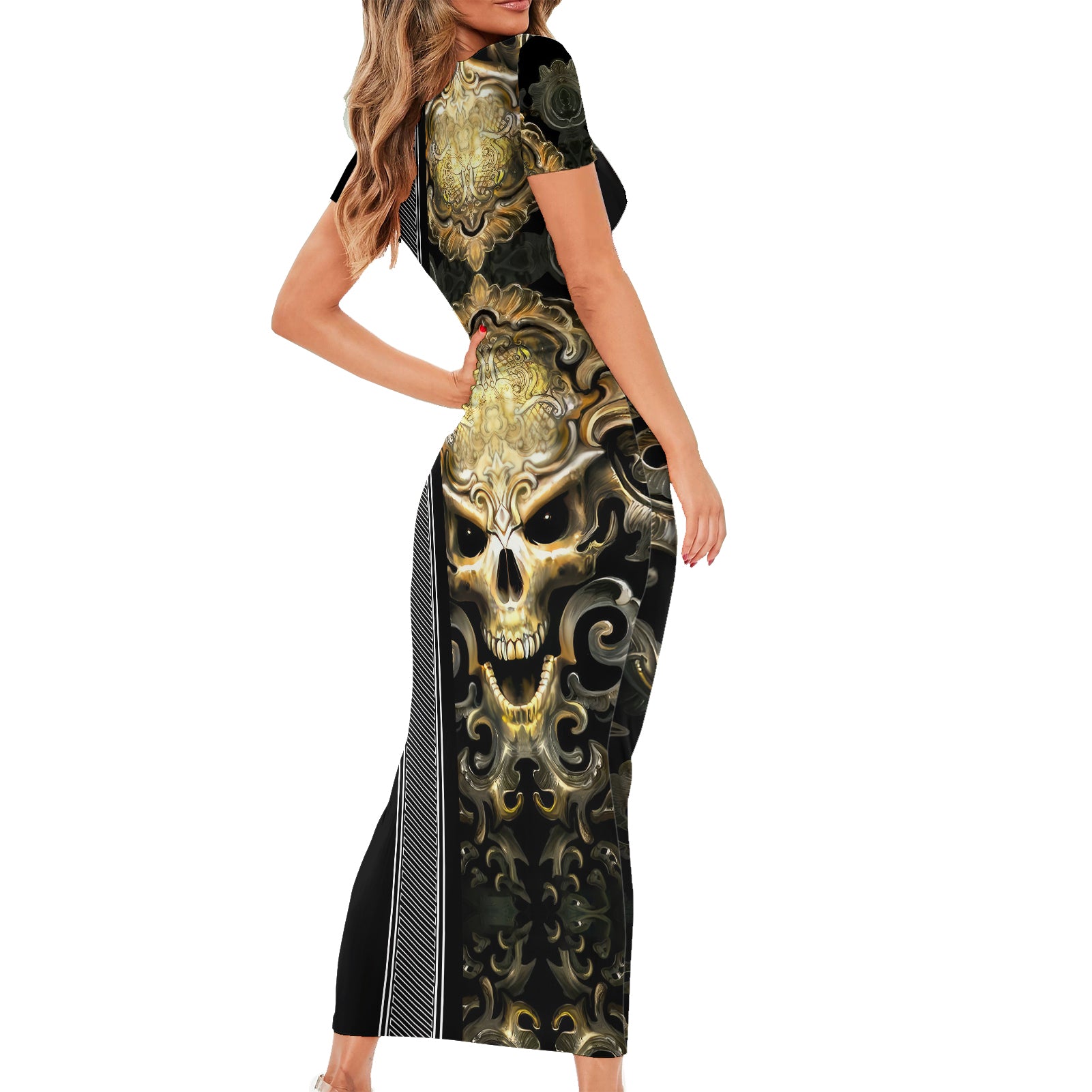 golden-gothic-skull-short-sleeve-bodycon-dress-embracing-ancient-elegance