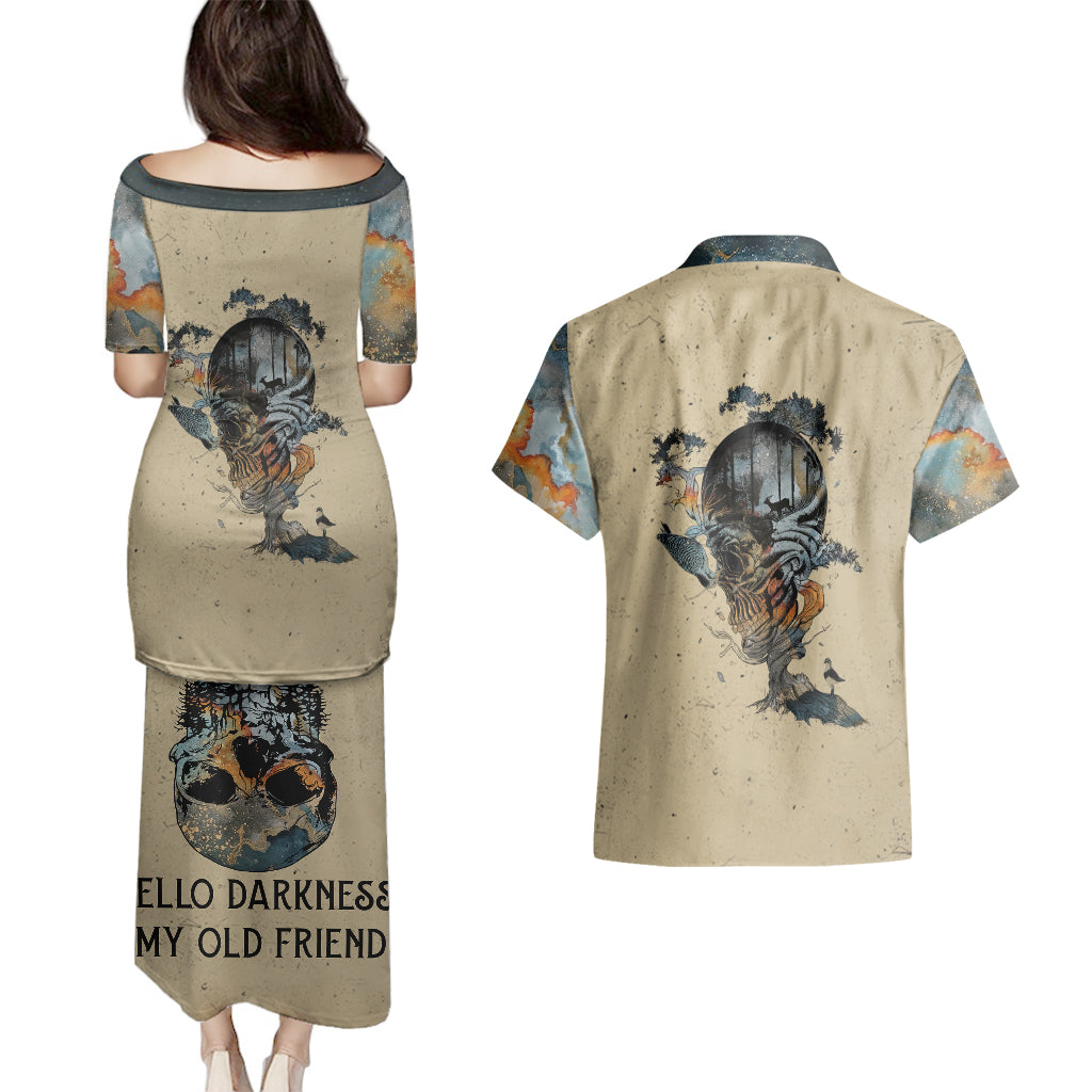 skull-couples-matching-puletasi-dress-and-hawaiian-shirt-hello-darkness-my-old-friend