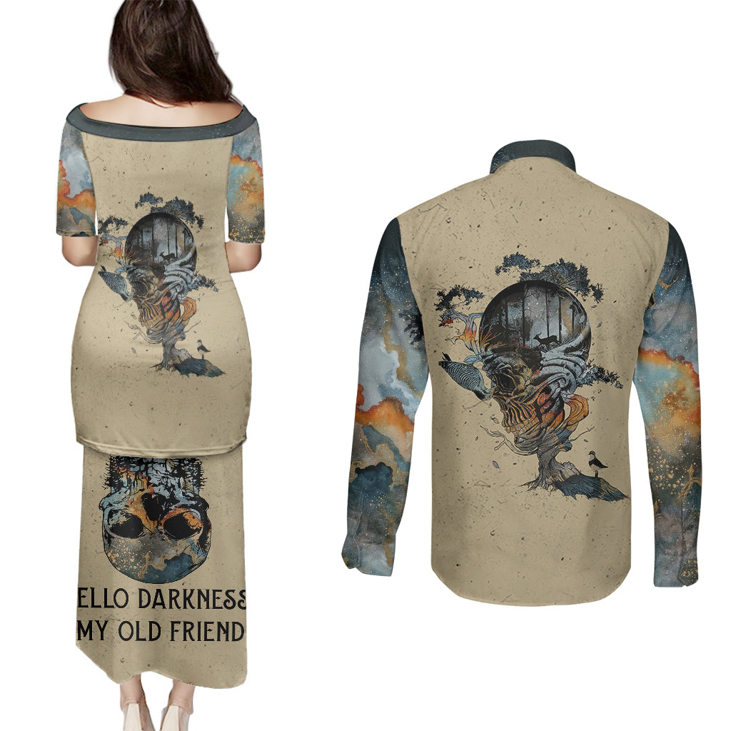 skull-couples-matching-puletasi-dress-and-long-sleeve-button-shirts-hello-darkness-my-old-friend