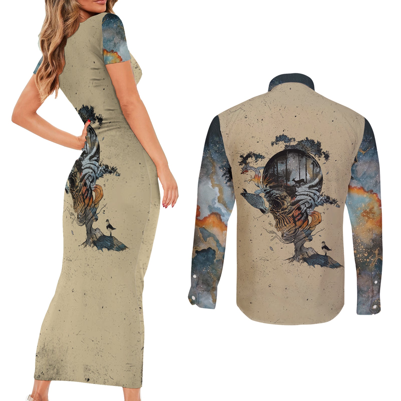 skull-couples-matching-short-sleeve-bodycon-dress-and-long-sleeve-button-shirts-hello-darkness-my-old-friend