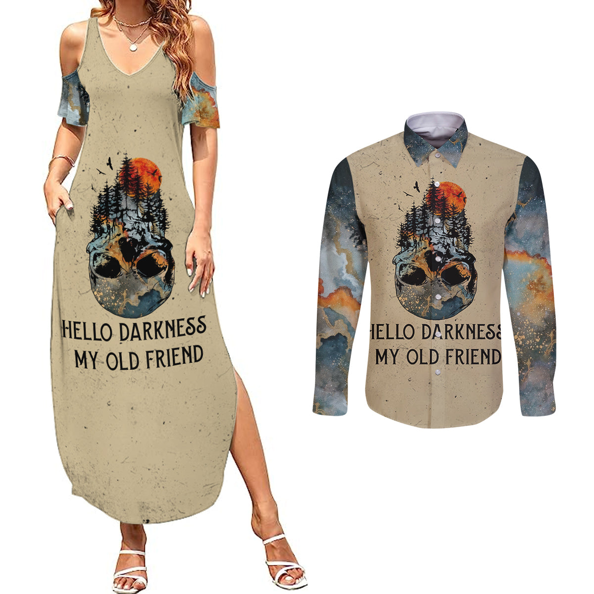 skull-couples-matching-summer-maxi-dress-and-long-sleeve-button-shirts-hello-darkness-my-old-friend