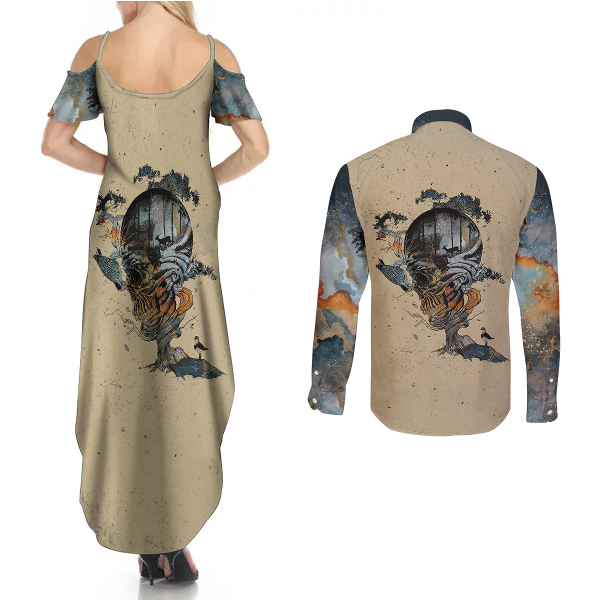 skull-couples-matching-summer-maxi-dress-and-long-sleeve-button-shirts-hello-darkness-my-old-friend