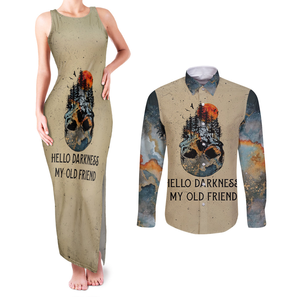 skull-couples-matching-tank-maxi-dress-and-long-sleeve-button-shirts-hello-darkness-my-old-friend